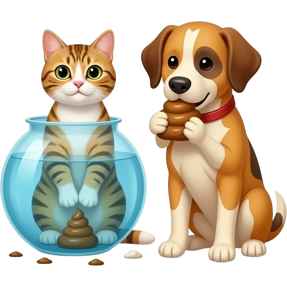 Un chat dans un tank qui fait caca et le chien mange le caca emoji