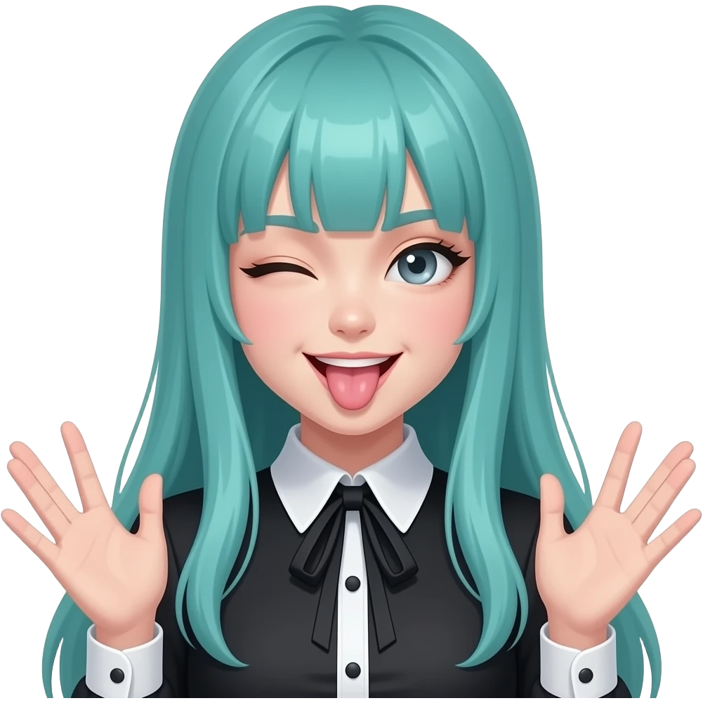 girl, winking, tongue out, silly hands, long flowing teal hair, grey eyes, black shoulder cyberpunk blouse with fancy white collar emoji