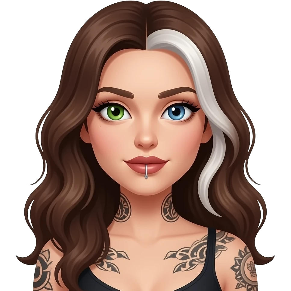 white long wavy haired brunette woman with one green eye one blue eye tattoos a philtrum piercing and a thin streak of white hair at the front and dark feminine makeup emoji