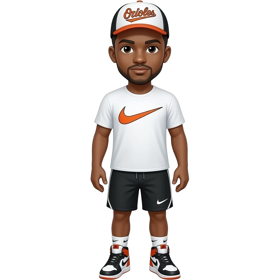 make me a tan skin colored man with brown low taper fade with a white baseball white and the hat says orioles in orange with nike shirt nike sjorts, nike socks, jordan 4’s emoji