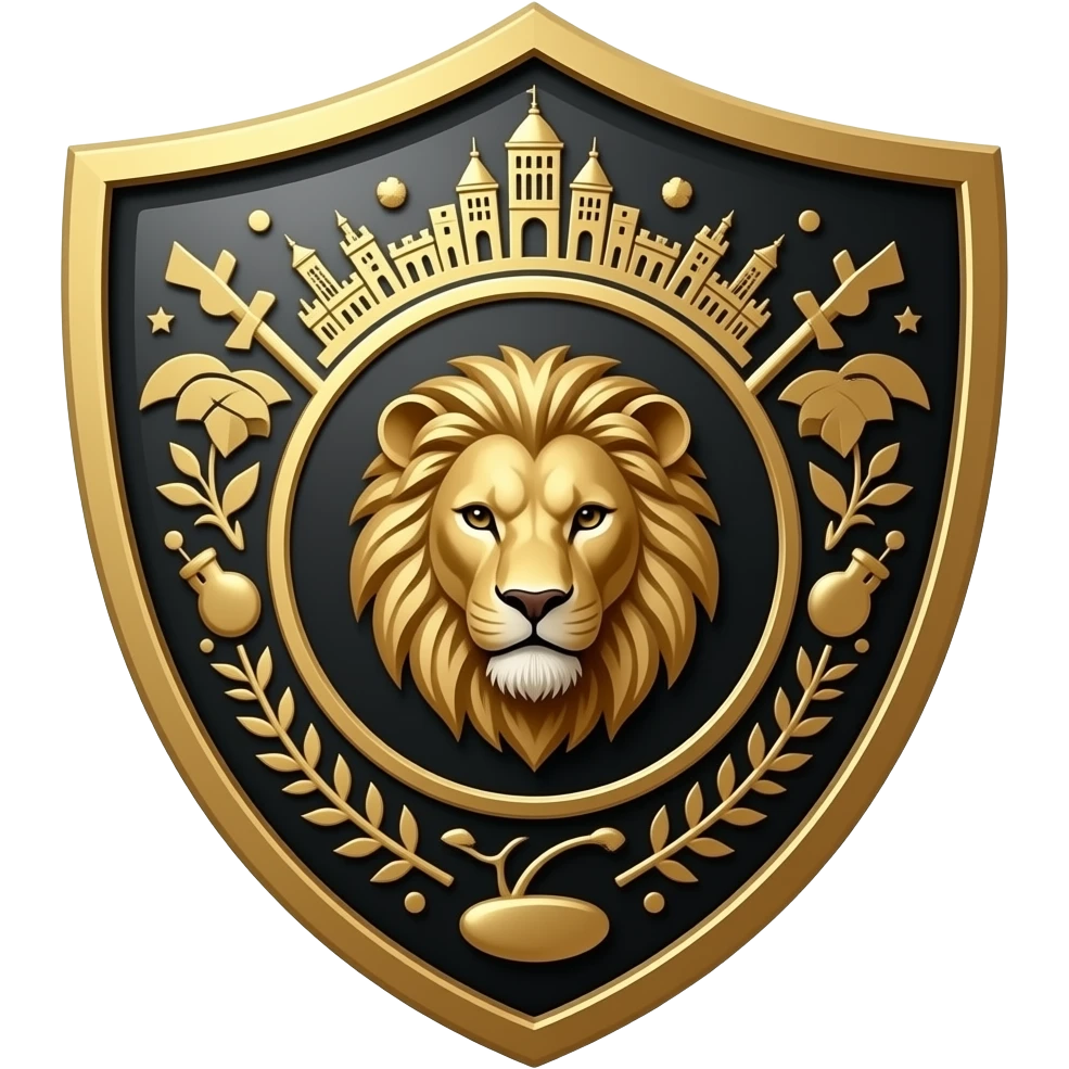 Shield with a lion head in the middle with skin city, country club, black and gold emoji