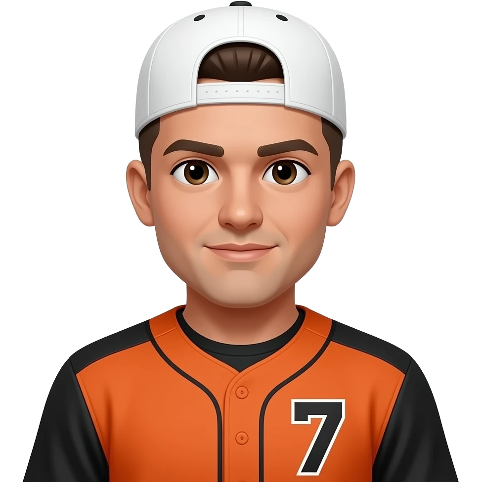 Make a baseball player with the colors, orange and black wearing the number seven with a dark brown low taper fade with a white hat fully turned around so I can only see their higher half emoji