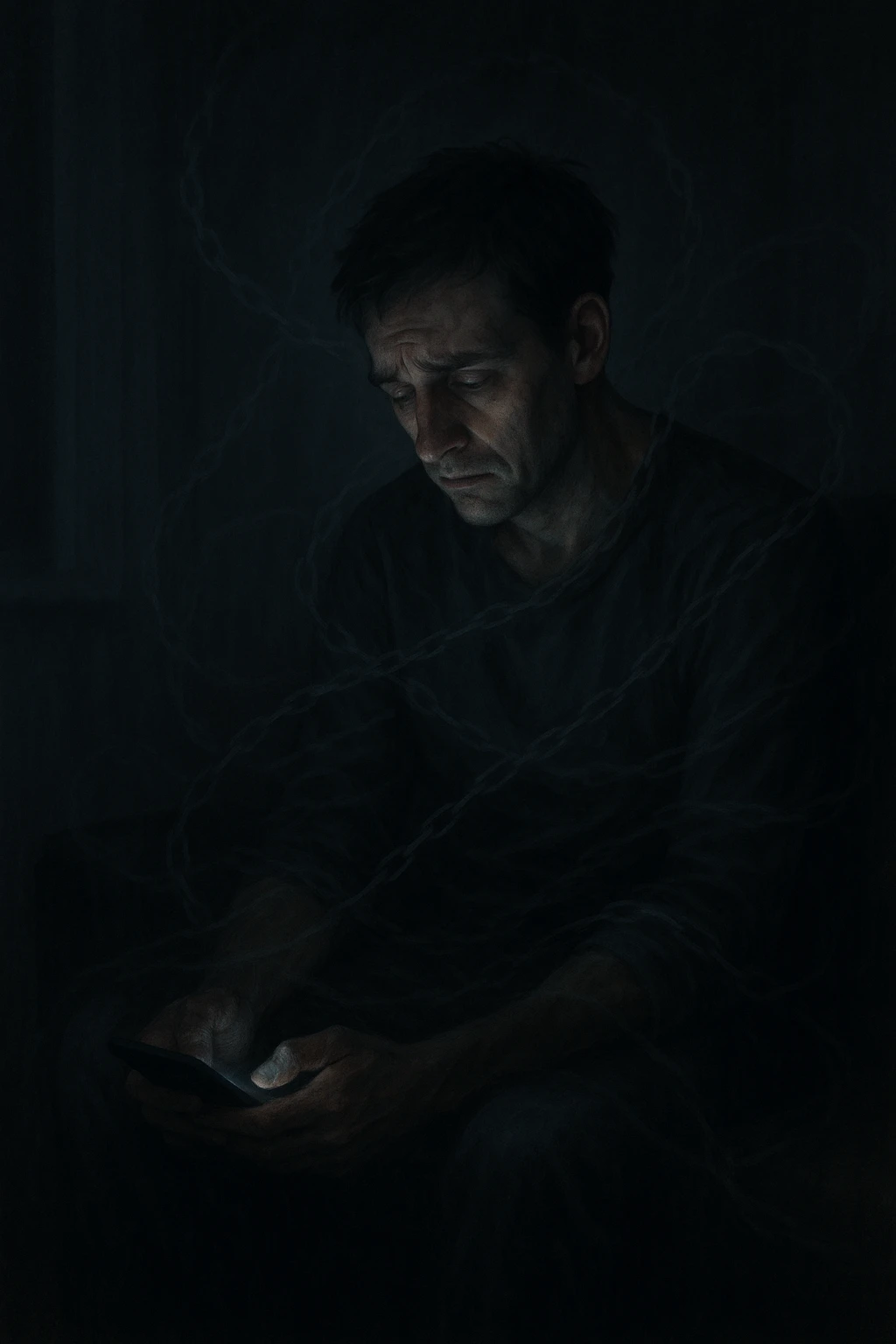 a man sits alone in a dimly lit room at night, illuminated only by the glow of a computer or phone screen. His posture is slouched, and his expression is tired and troubled. Around him, faint, ghostly chains or shadows subtly wrap around his body, symbolizing addiction and emotional distress. The background is blurred, emphasizing isolation and discomfort. in italiano emoji