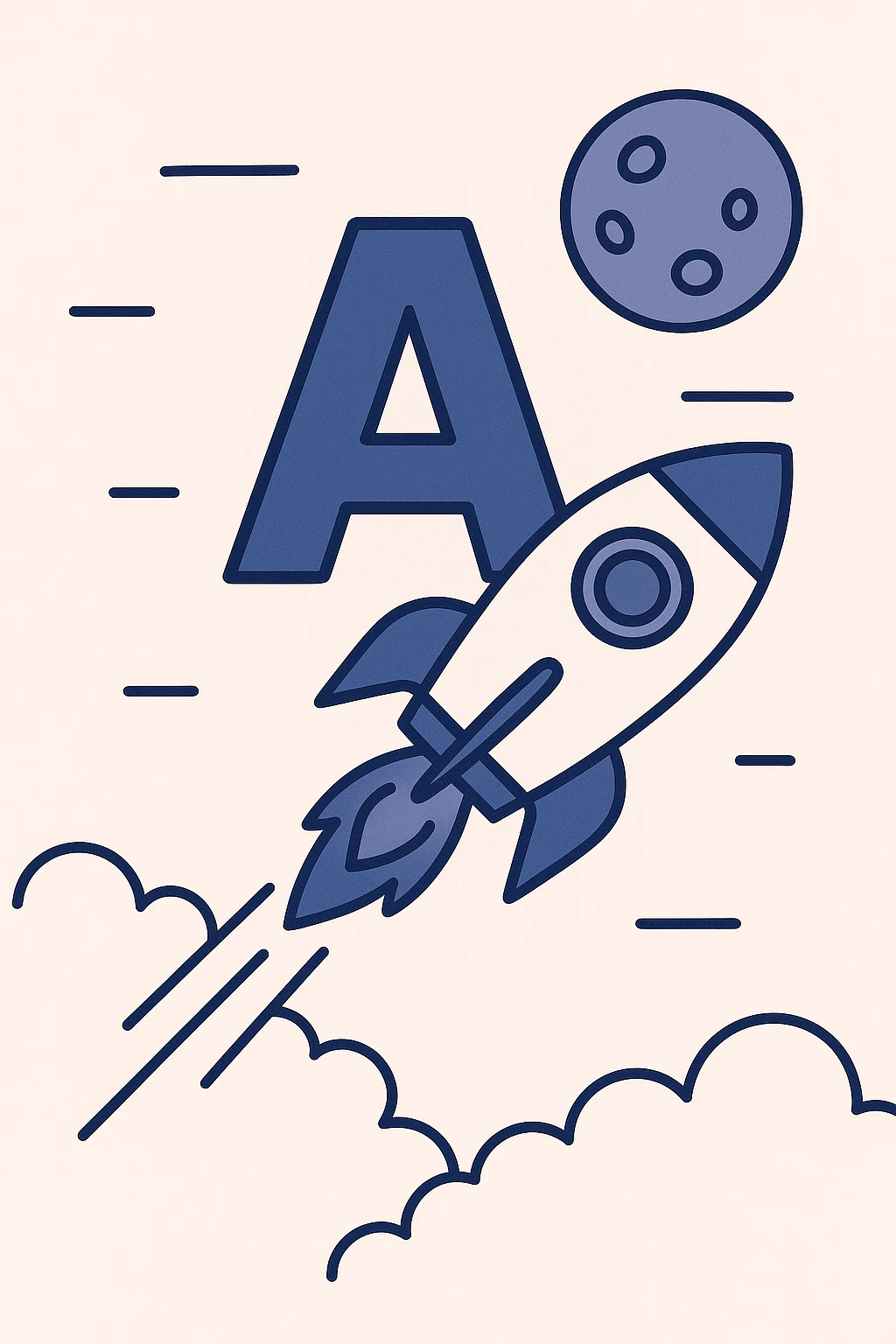 capital letter attached to a rocket soaring through space with the moon in the background, modern and clean design emoji
