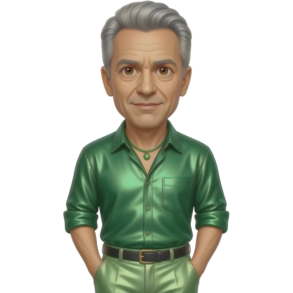 Jeff Goldblum with brown eyes, silver hair, dark green metallic shirt, light green metallic wide leg pants, green necklace emoji