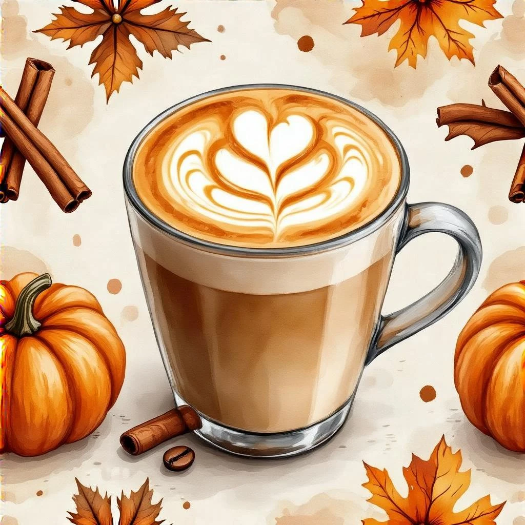 coffee latte art seamless background, pumpkin spice latte, creamy brown and orange tones, cozy autumn café vibe, watercolor effect emoji