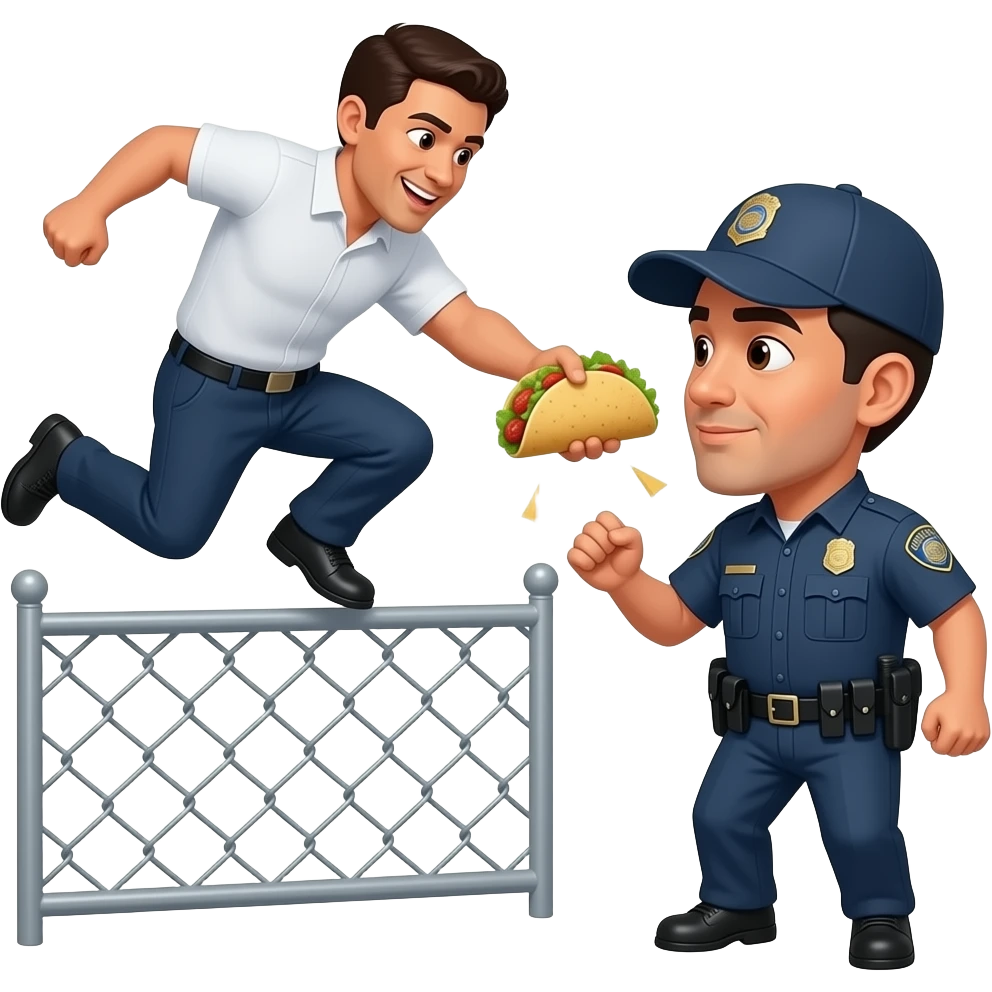 Hispanic man jumping over a fence mashing a taco in the face of a border patrol officer emoji