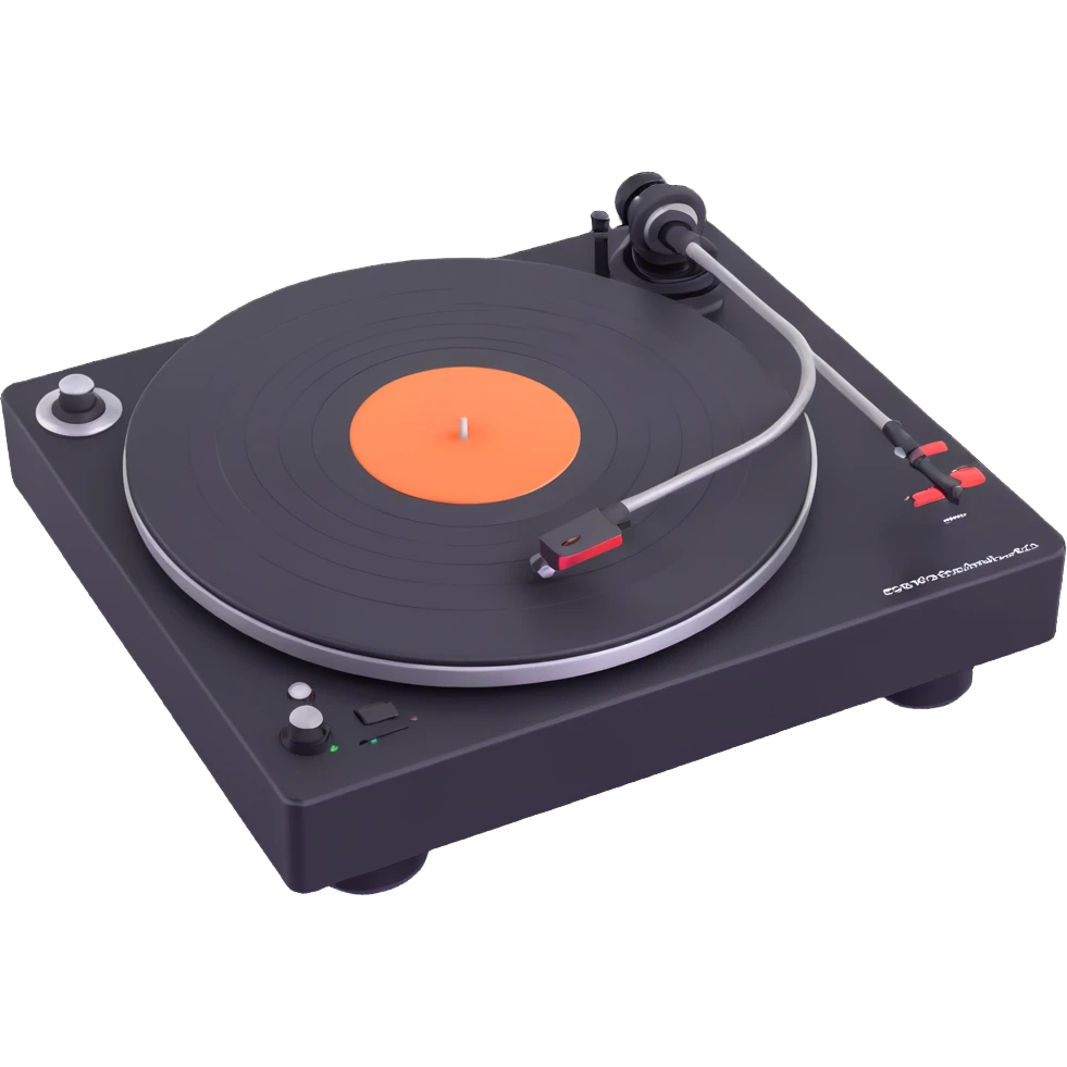 Technics-style turntable in 3D, Disney Pixar animation style, playful rounded features, vibrant colors, predominantly black color scheme emoji