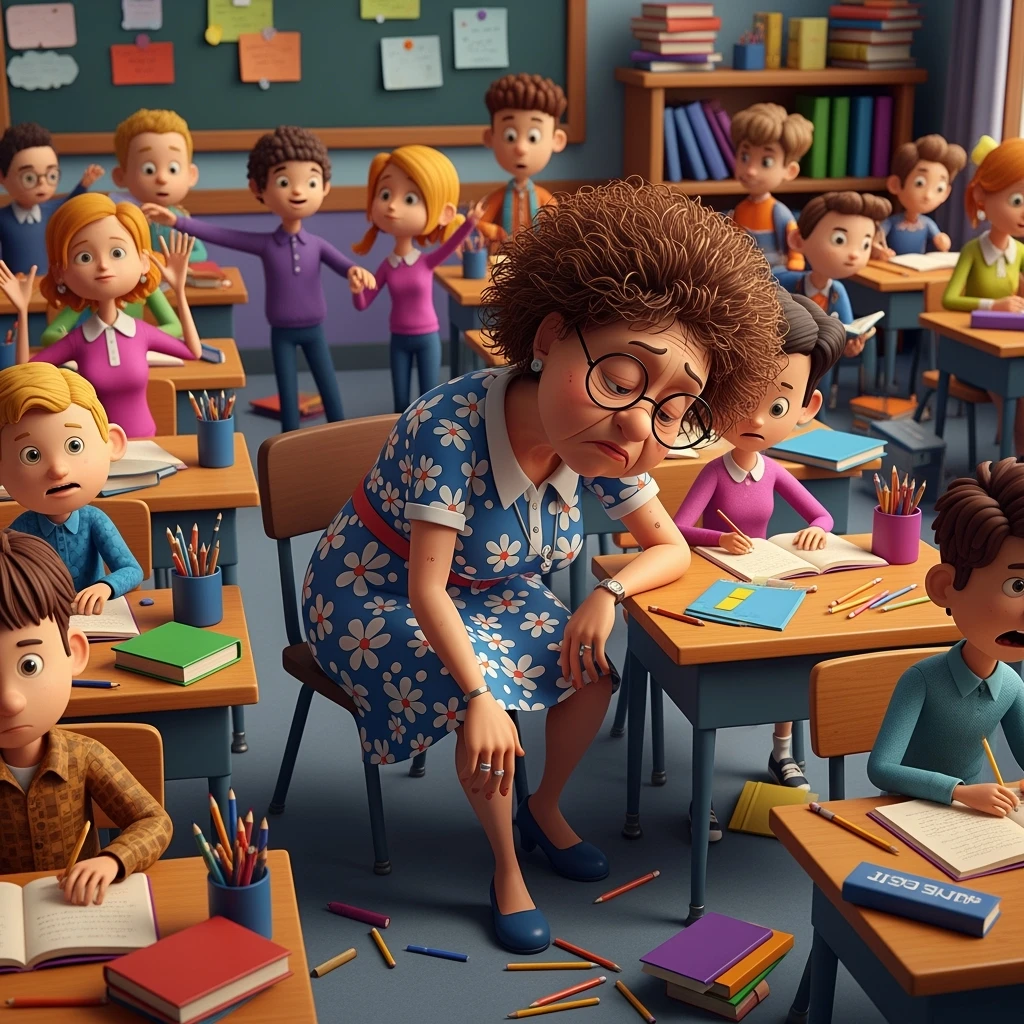 3d cartoon art of a exhausted teacher in a bustling classroom emoji