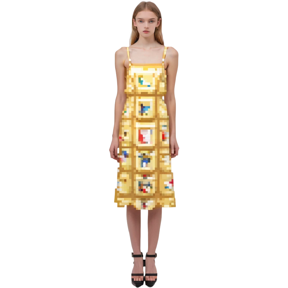 Make the dress butter yellow with thin straps, keep the pixel art style, no background. emoji