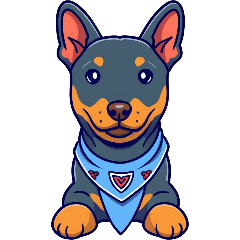 Doberman dressed as a bandit with a bandana and a mischievous expression emoji