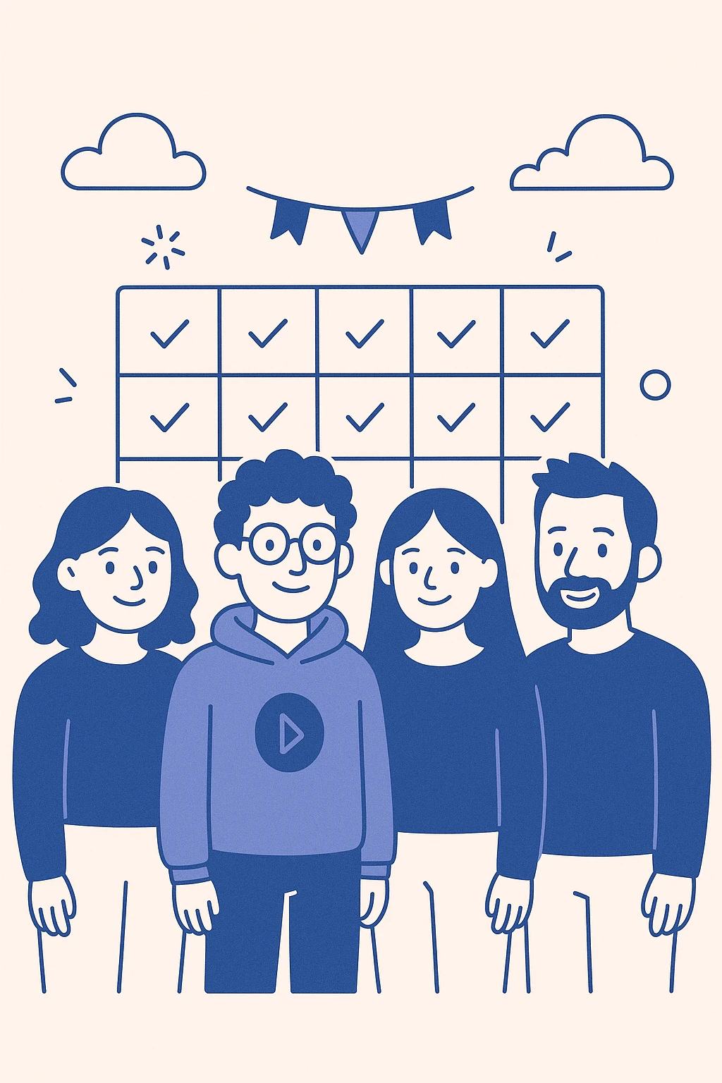 petite équipe tech IA/ML devant un tableau rempli de tâches accomplies, tous souriants et détendus, ambiance de fête, style flat design, couleurs éclatantes emoji