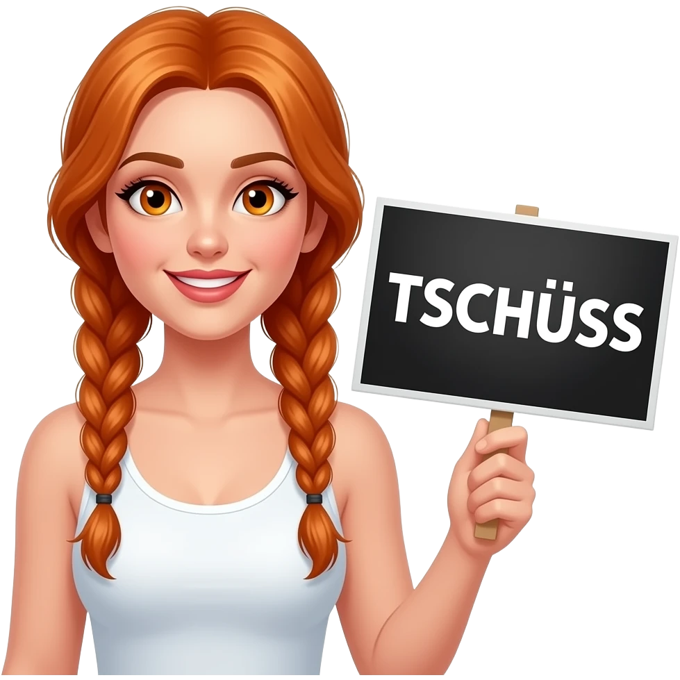 sexy girl with long ginger braids and ginger eyes wearing a white tanktop is holding a black sign with TSCHÜSS written on it emoji