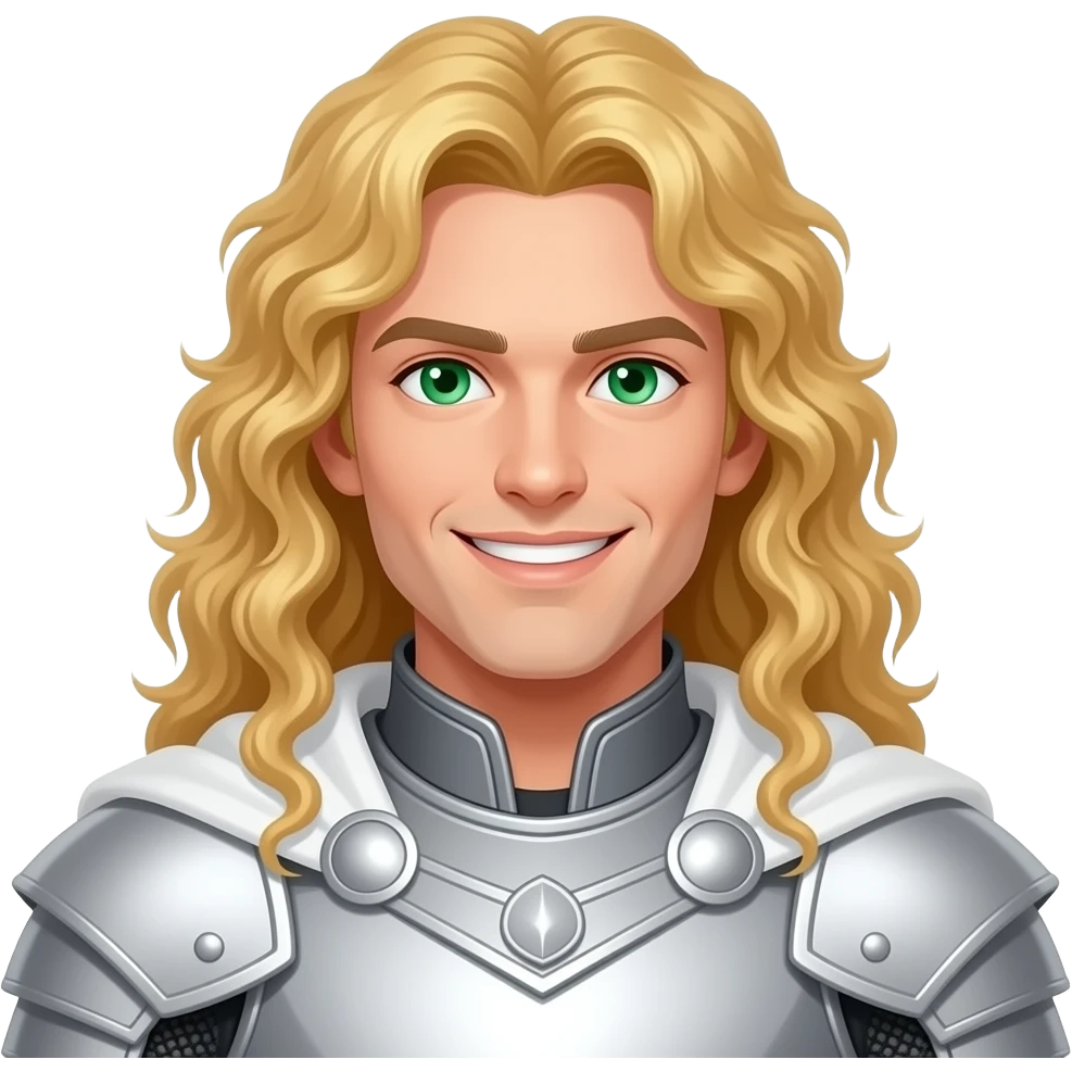 A white man with very long curly, bright golden hair put in a middle part. He is wearing white armour with a white cape. He is clean shaven and has a smile that cuts like a knife. He also has emerald green eyes. He has a sharp jawline. He is in his early thirites. emoji