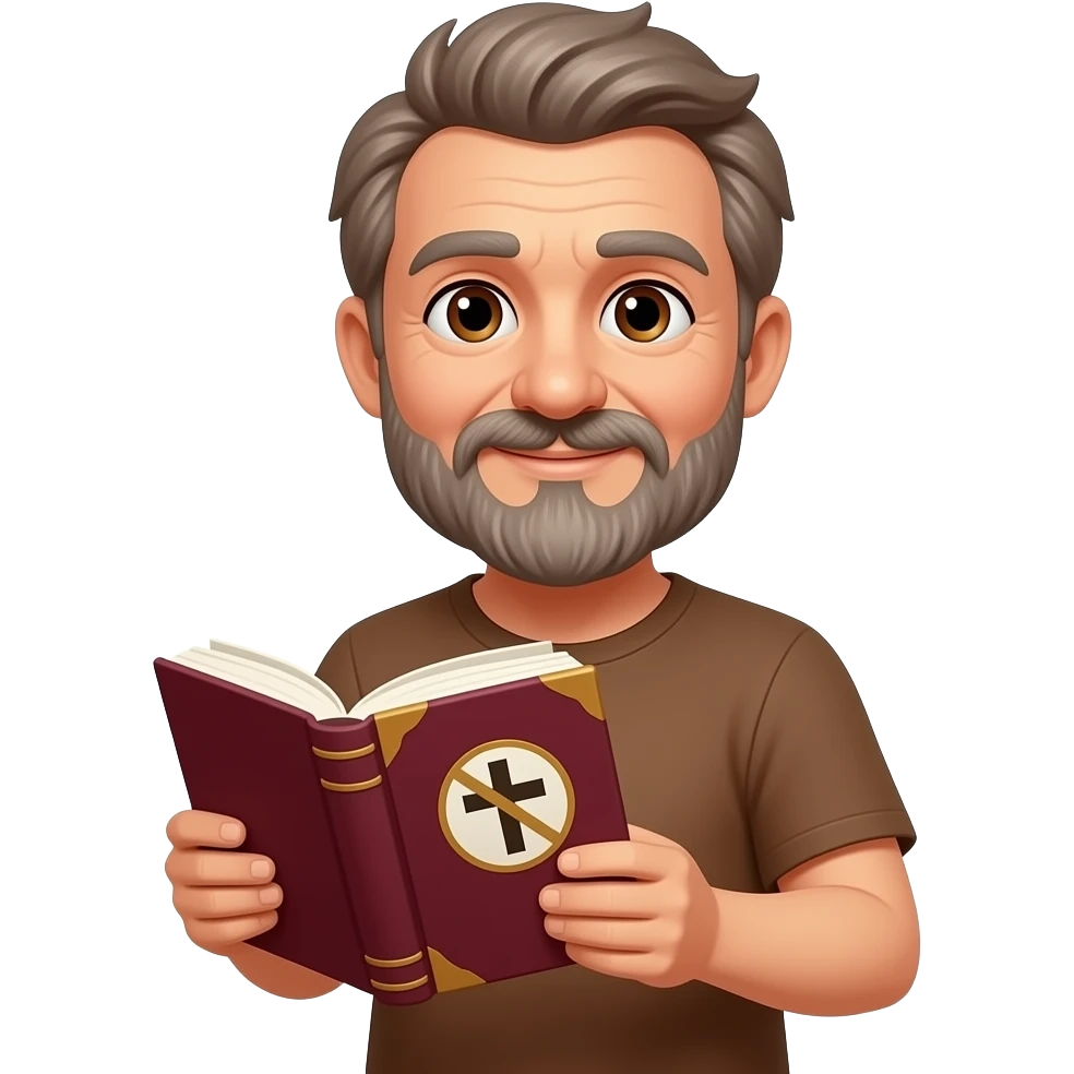 wise old man with grey brown hair brown tshirt slight smile brown eyes beard with burgundy book that has a cross on it no circle emoji