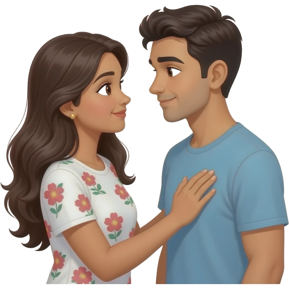 long haired Indian lady in white floral T-shirt holding her hand on boyfriend heart looking at each other lovingly shyly Face to face emoji