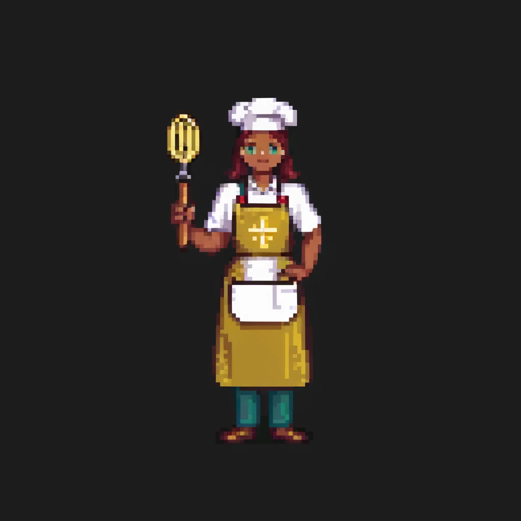 Portrait of a proud baker with a golden apron and embroidered details, holding a polished whisk, skeuomorphism style emoji