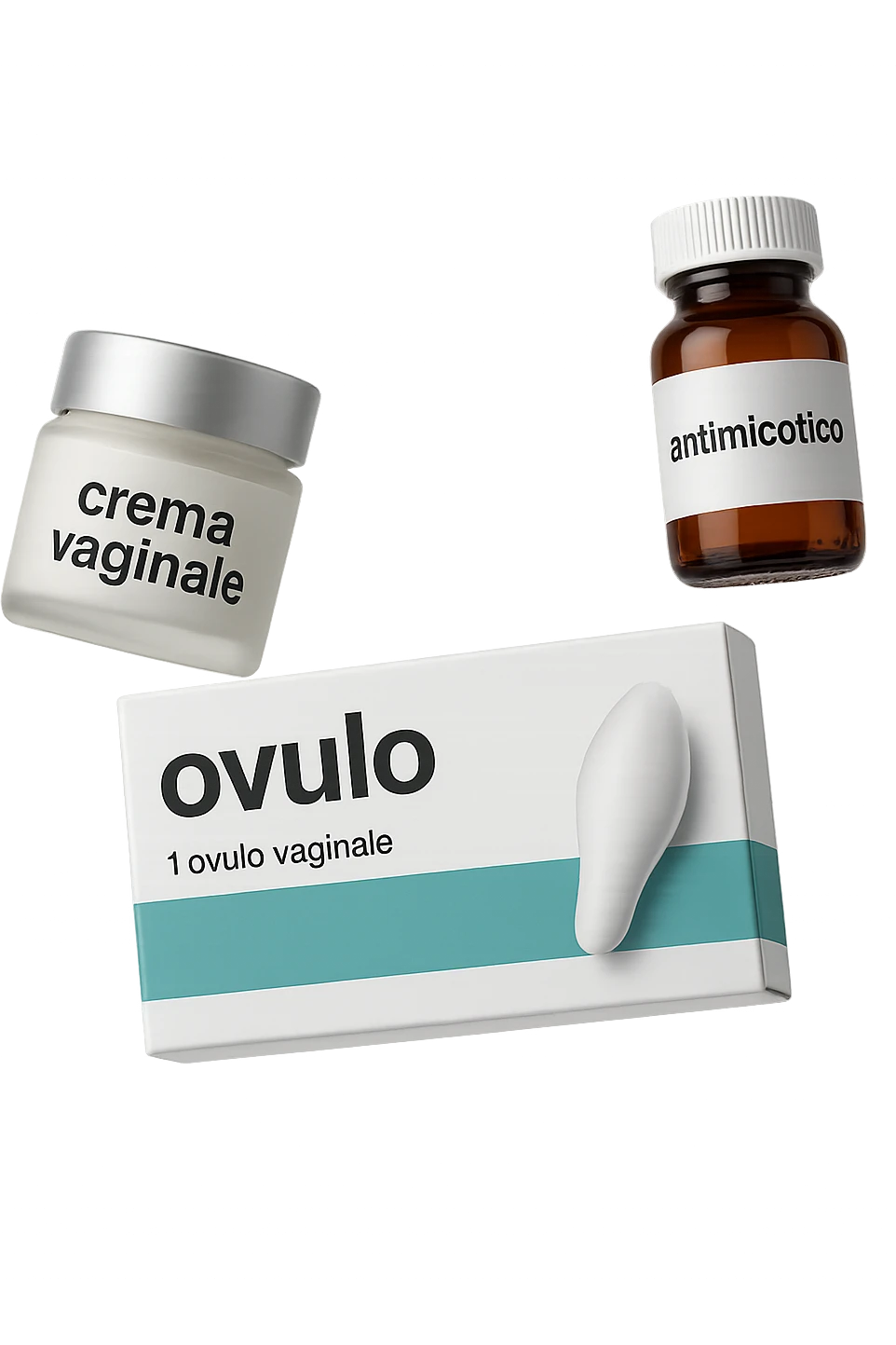 un barattolo di crema con la scritta "crema va**ale", una scatola con farmaco con la scritta "ovulo", un barattolo di farmaco con la scritta "antimicotico" in italiano sulle etichette, fluttuano in aria, IPERREALISTICO 4K emoji