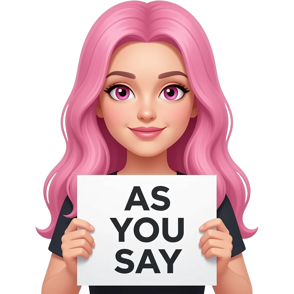 sexy girl with long pink hair and pink eyes wearing a holding a AS YOU SAY sign emoji