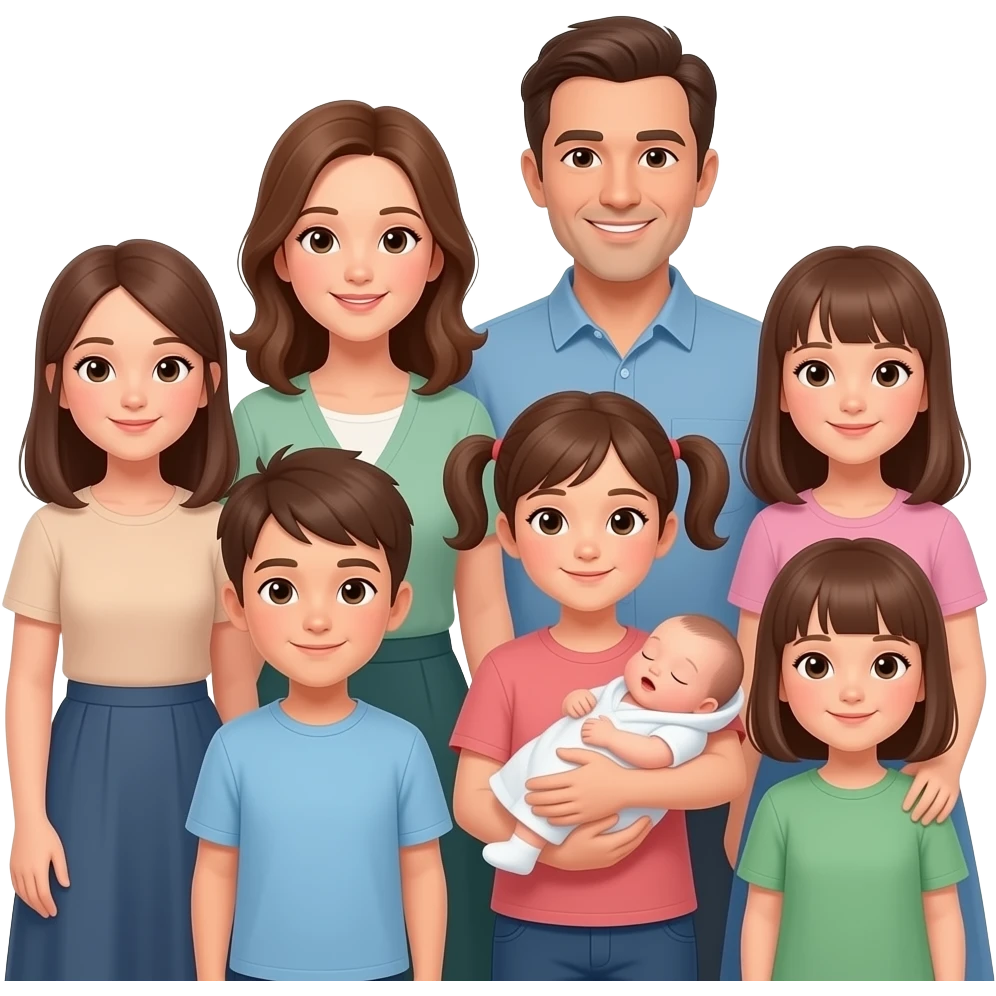 family of 8 white people and all with brown hair with 2 parents mom and dad with 6 kids 12 year old girl 10 year old boy 9 year old boy 8 year old girl small 2 year old girl being held and newborn girl emoji