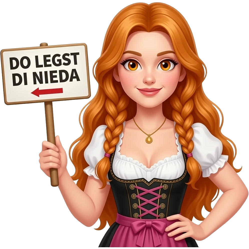 sexy girl with overlong ginger hair in braids and ginger eyes wearing a dirndl holding a DO LEGST DI NIEDA sign emoji