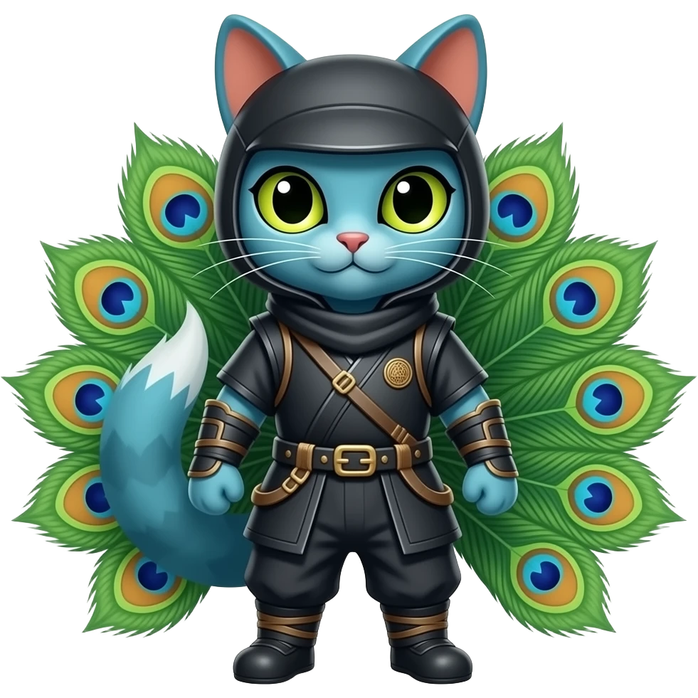 A kitsune japanese cat with indian peacock colours, styled like an IT techninja emoji