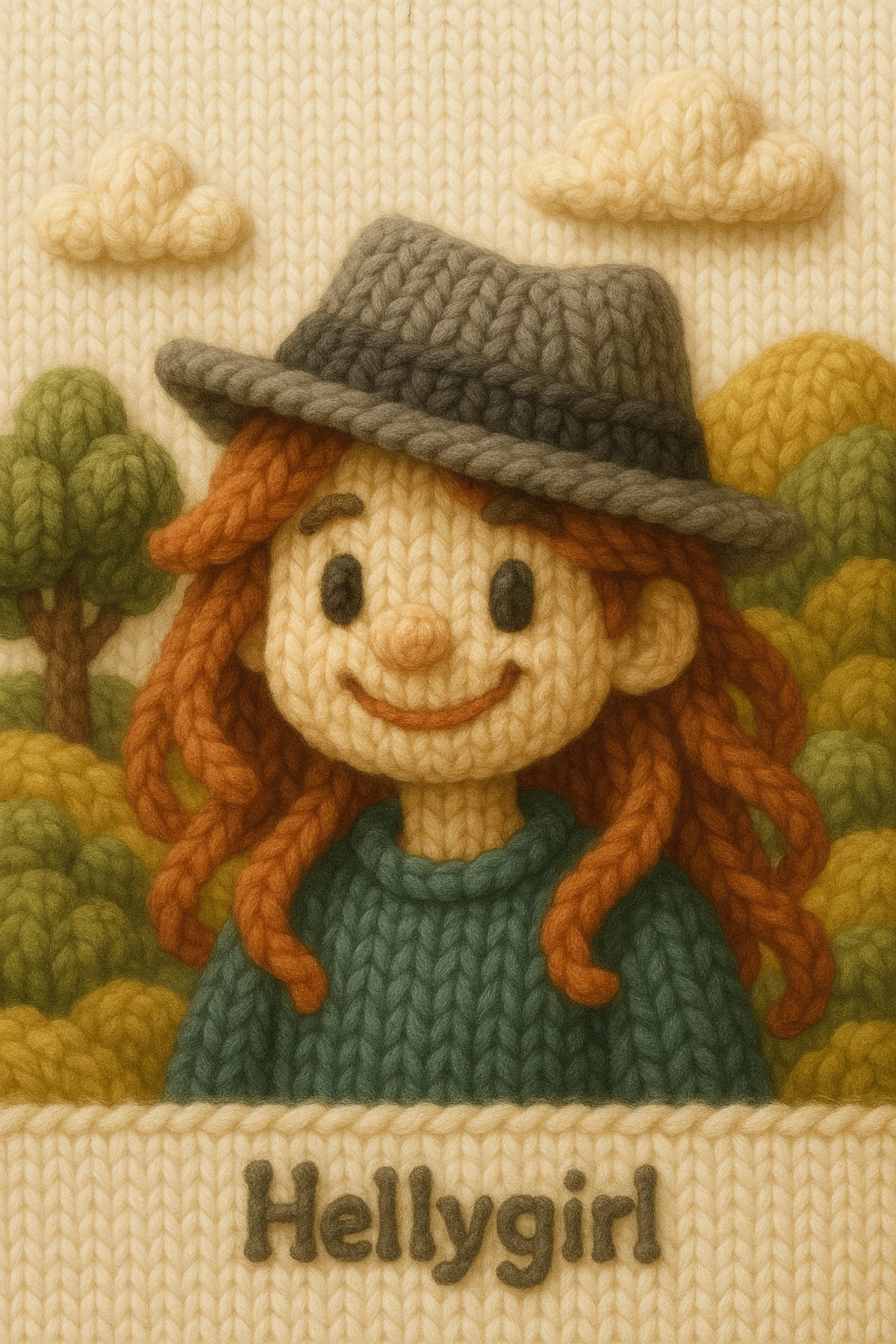 Hello I am Hellygirl with a tilted gray fedora, playful smile, lush scenery, ghibli style emoji