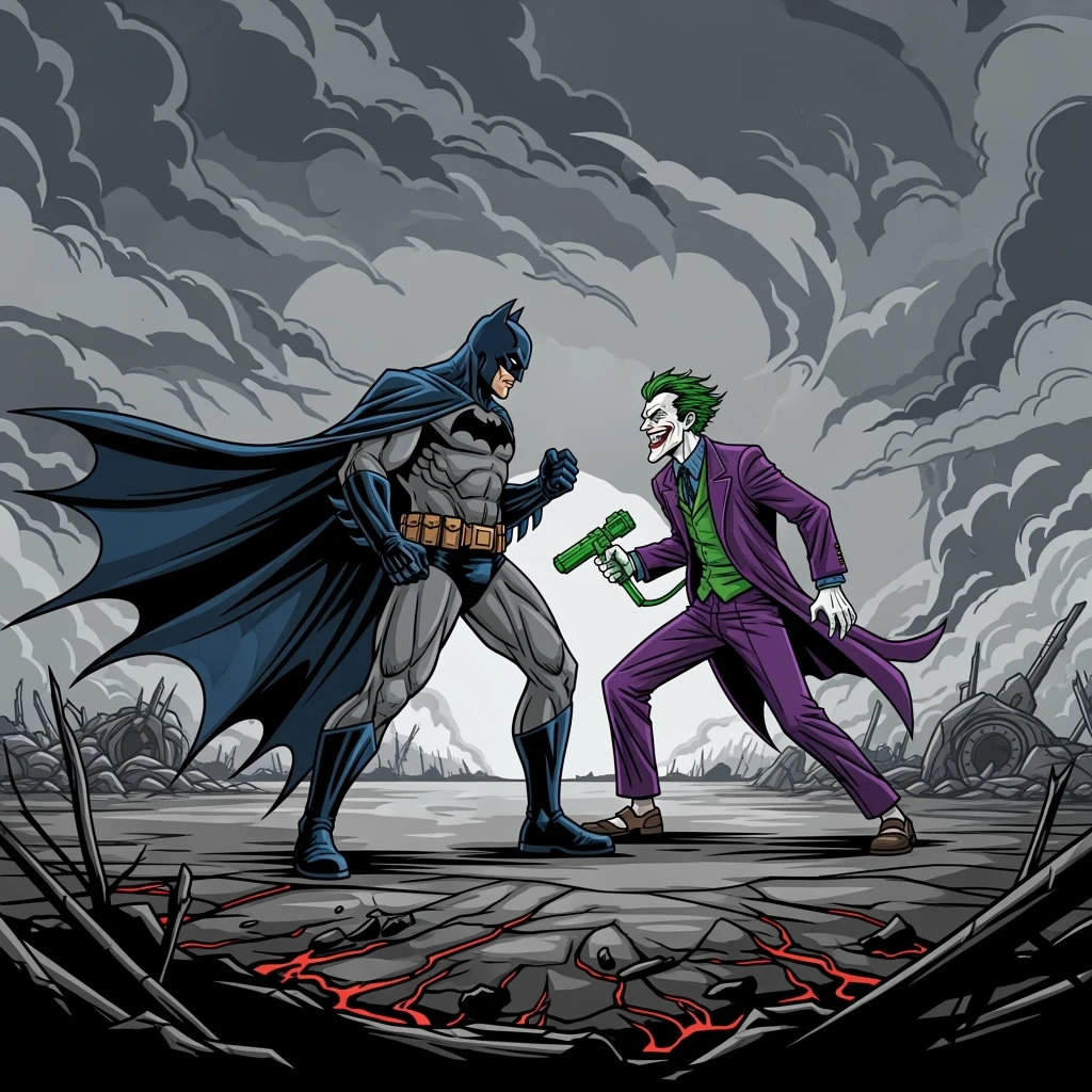 vector art of batman and joker, battleground background 
 emoji