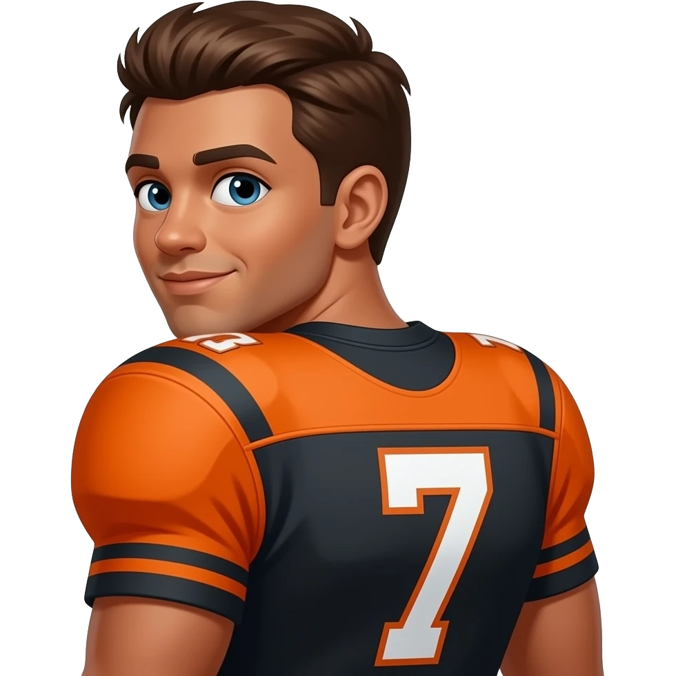 Make a American football player wearing the number 7, turned around, there skin color is light brown and the jersey is orange and black And make sure they have brown hair emoji