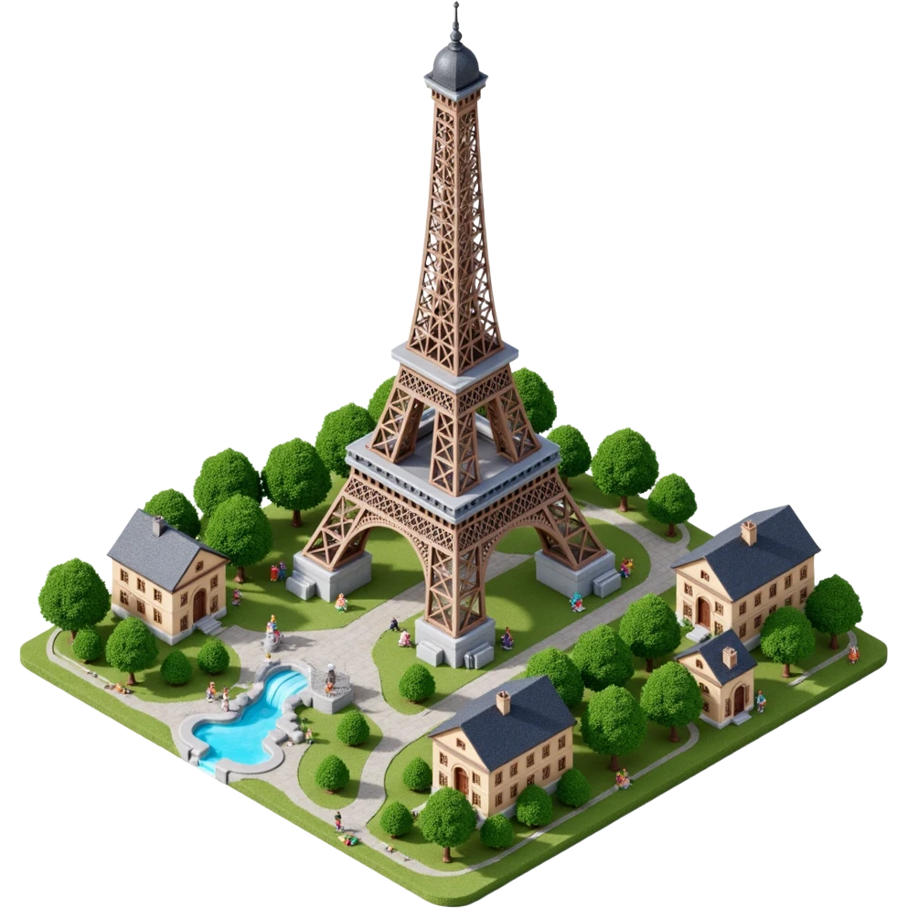 Isometric illustration of Paris, featuring the photorealistic Eiffel Tower surrounded by small Parisian buildings and trees, highly detailed in semi-realistic style emoji