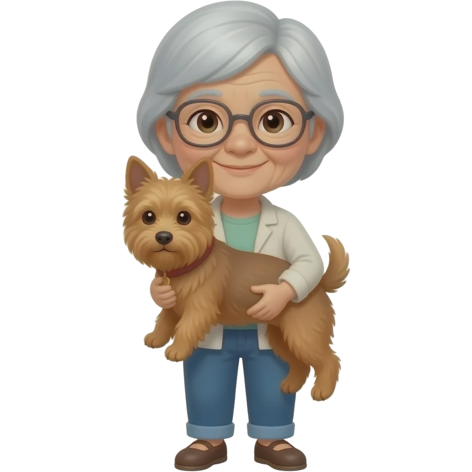 Asian grandma with short white hair carrying brown terrier emoji