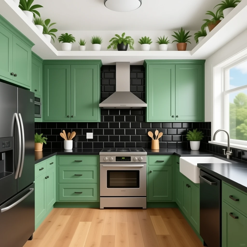 fancy kitchen with black wall tiles, kelly Green cabinets, black countertops, wood floors and decorative plants on the ceiling emoji