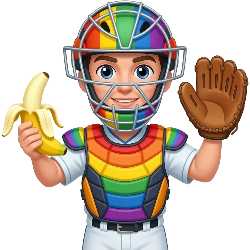 A baseball player. He is wearing rainbow colored catcher gear. He has a catcher mitt on his right hand and is holding a banana in his left had emoji