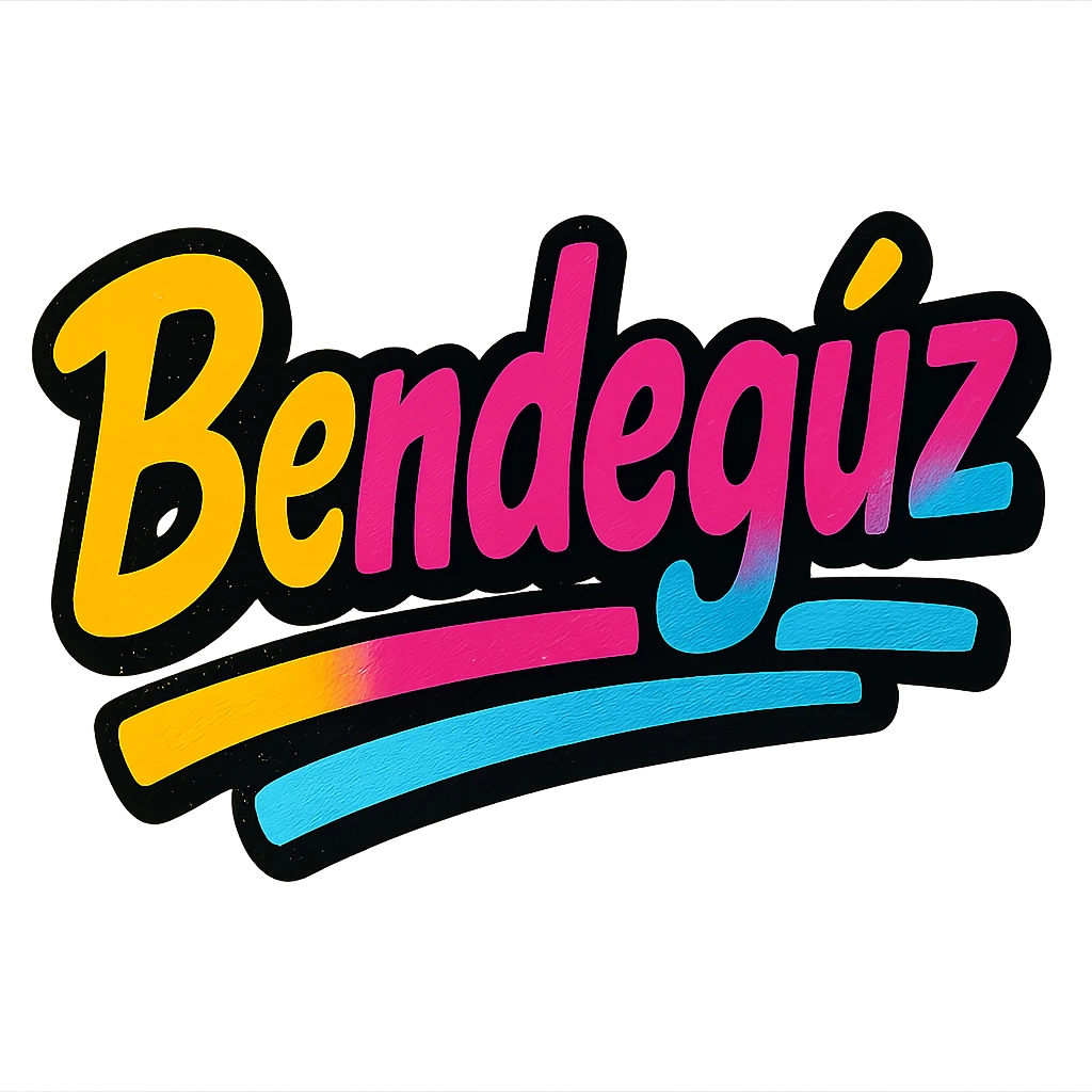 modern colorful gradient typography of the name Bendegúz with dark outline, dynamic slanted or partial underline, transparent background, in the style of sample images emoji