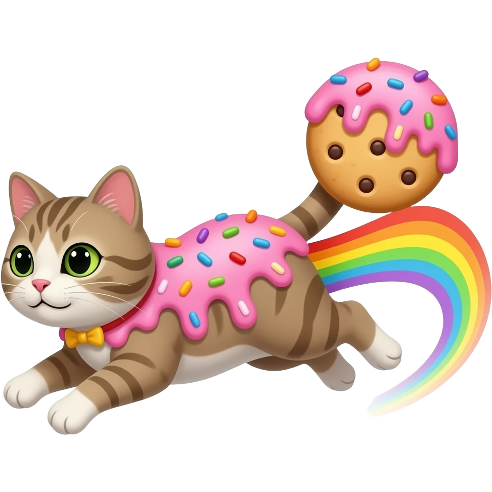 Quiero uno de un gato volando con un rastro de arcoiris en culo u con forma de galleta con glaseado rosas con virutas de diferente colores emoji