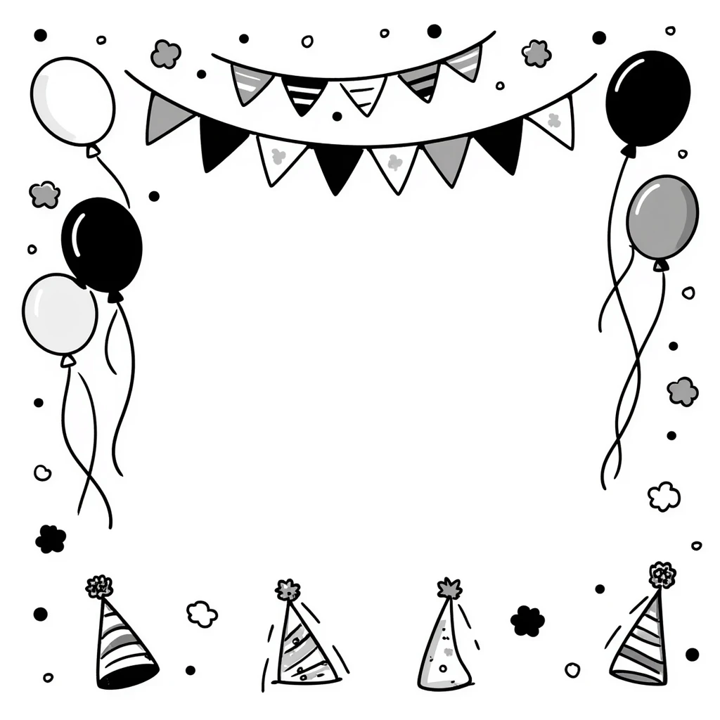 Festive party decorations including balloons, streamers, confetti, party hats, and bunting flags. Using specific pastel colors (dd9fb0, ffc6d3, a3bfc9, c4bee2, f1b091). Hand-drawn doodle style with playful, celebratory elements arranged in a decorative composition. Transparent background. emoji