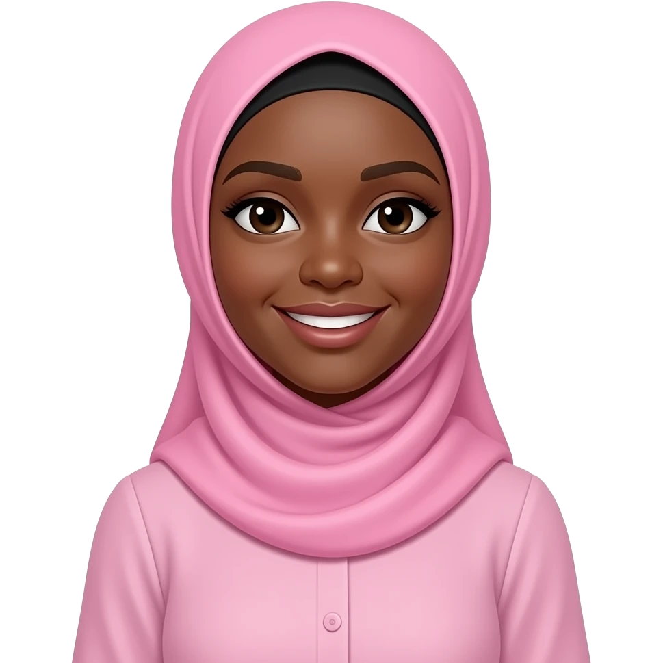 Indigenous, African American Muslimah, a woman, black skin, wearing a "Nation Of Islam styled Head scarf, i( this style is very specific it has no wrap under the neck) in Bubble gum pink, she is wearing a modest blouse with a mandarin collar buttoned up she has a soft delightful smile emoji
