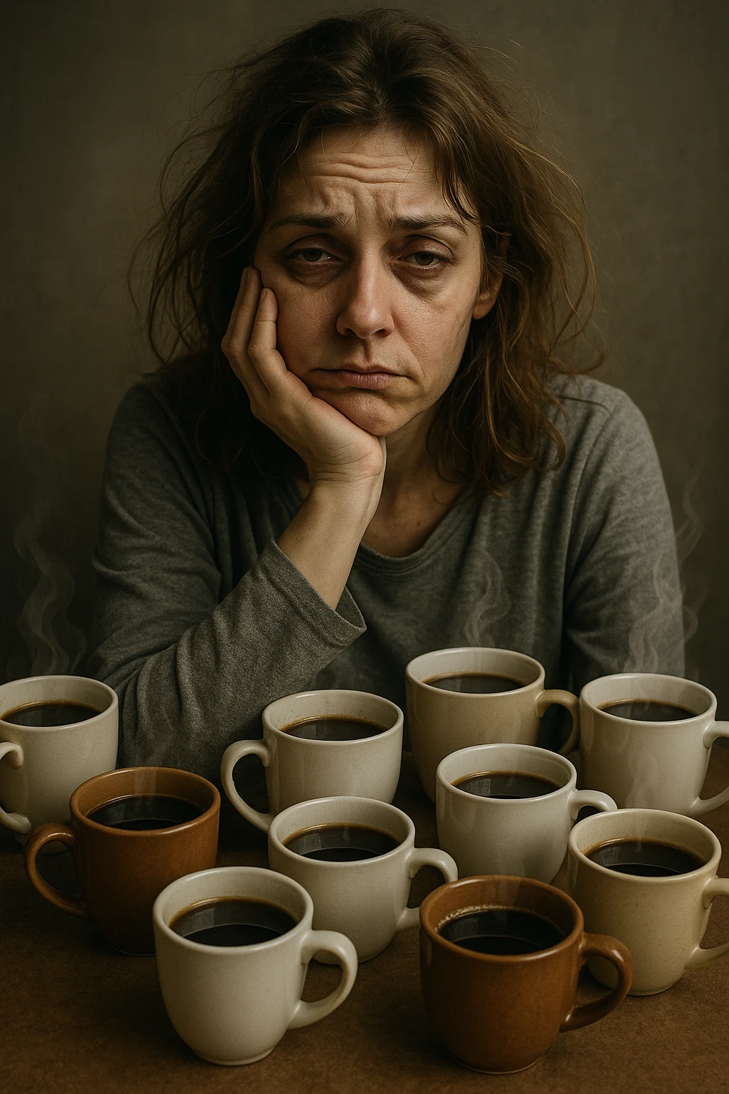 donna con stanchezza cronica distrutta e stanca che si fa tanti caffè emoji