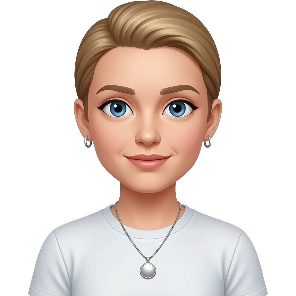 woman, blue eyes, late twenties, mousey blonde hair, slick back hair, t shirt, silver pendant necklace, small silver hoop earrings emoji
