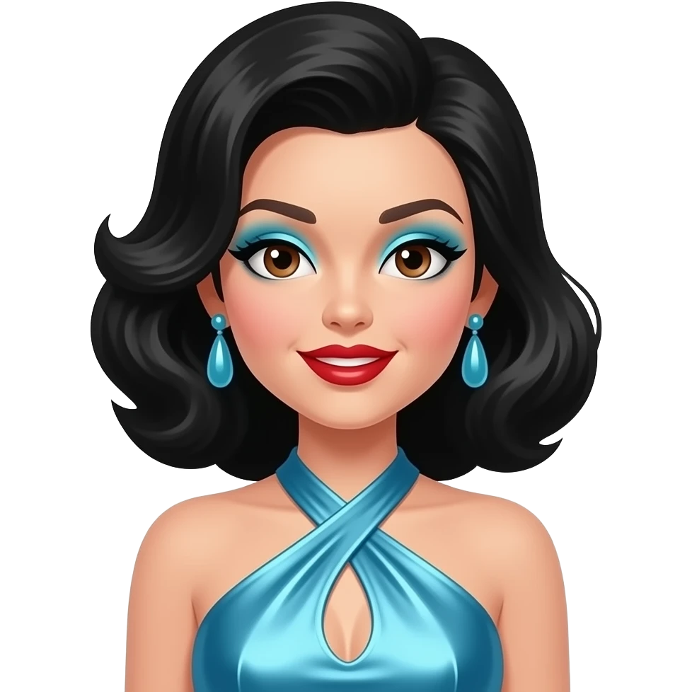 Cher with brown eyes, long black 60s beehive hair, cyan eyeshadow, red lipstick, cyan metallic halter dress, cyan earrings emoji