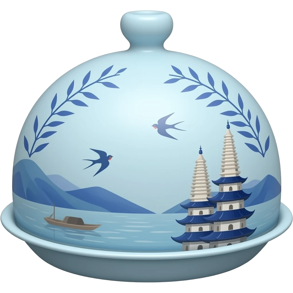chinoiserie blue willow china pattern butter dish covered with a boat, pagodas and two swallows emoji
