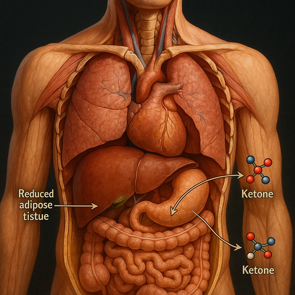 human body in 4K, cross-section, highlighting reduced adipose tissue and liver converting fats into ketones, stylized fatty acid and ketone molecules emoji