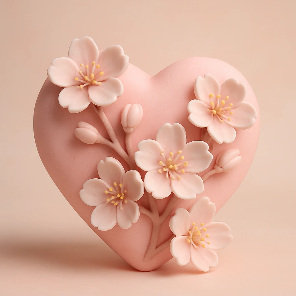 pink heart with sakura flowers, fondant cake art style emoji