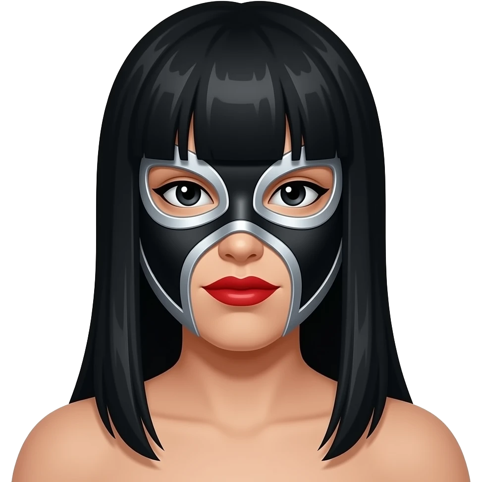 Asi como está solo que tenga cabello largo y lacio de color negro  y labios rojos y la mascara de luchador tipo ciborg negro con plateado, y ojos negros emoji