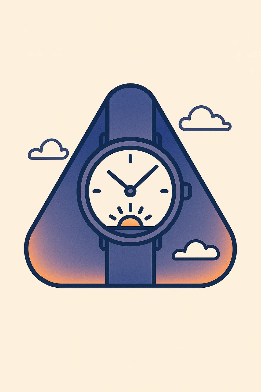 minimal rounded triangle with modern wristwatch inside, watch hands set to just after sunrise, triangle edge glowing with gentle orange fade complemented by cool blue tones for trust and technology, clean and modern emoji
