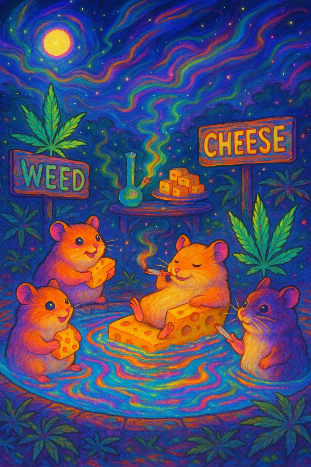 A psychedelic, ultra-colorful scene of hamsters at a weed and cheese pool party at night, with glowing lights, swirling colors, magical energetic vibe, Ghibli style emoji
