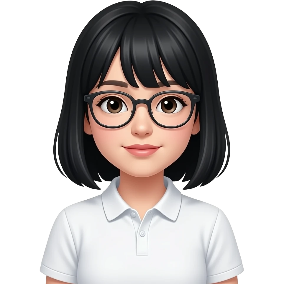 Girl with black hair curtain bangs and glasses and white polo shirt emoji