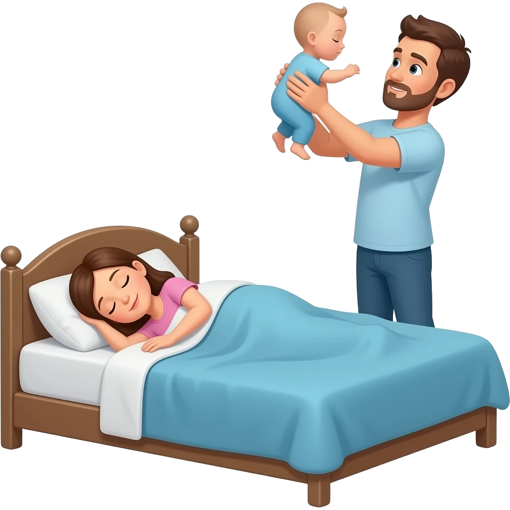 mujer durmiendo en la cama grande, mientras hombre parado un bebe a upa emoji