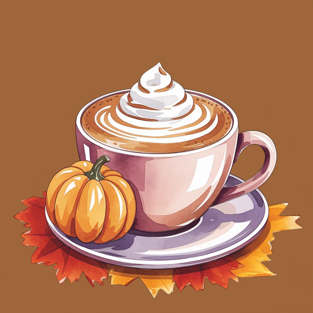coffee latte art seamless background, pumpkin spice latte, creamy brown and orange tones, cozy autumn café vibe, watercolor effect emoji