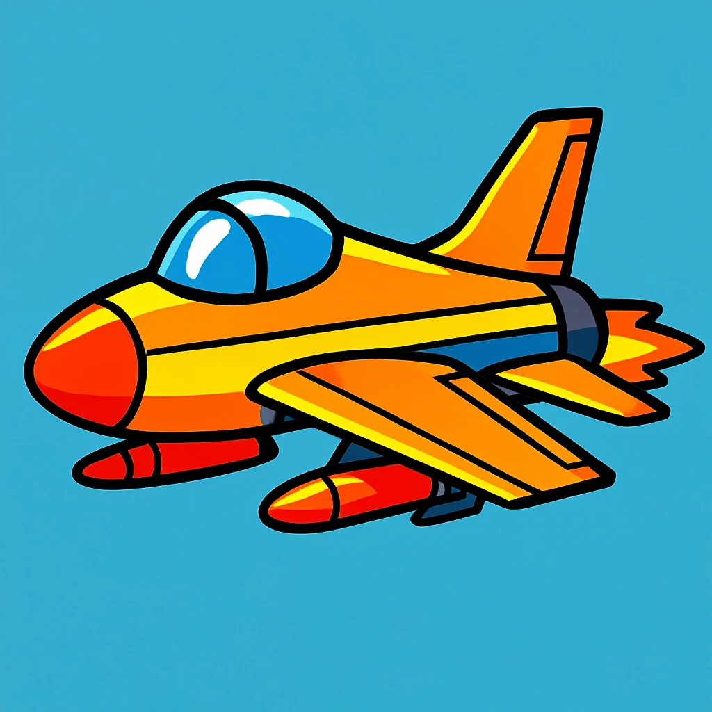 Add bold afterburner flames to the cartoon fighter jet, keeping the background as is. emoji